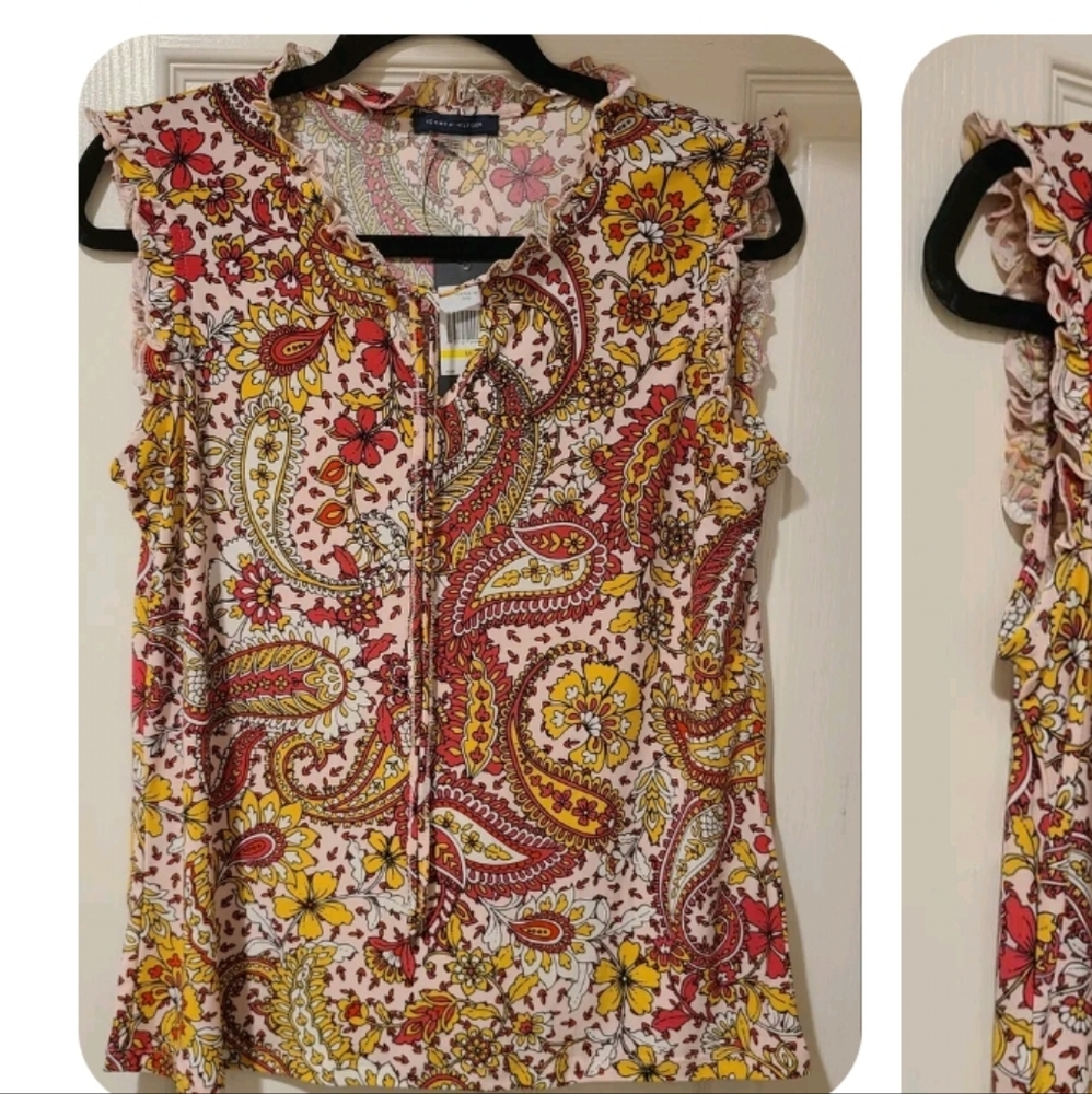 TOMMY HILFIGER PAISLEY RUFFLE SLEEVE FRONT TIE TASSELS TOP